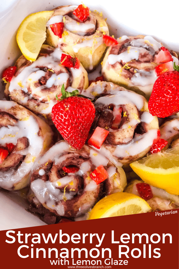 Homemade Strawberry Lemon Cinnamon Rolls with lemon icing glaze. Fresh strawberries and strawberry jam with cinnamon in a homemade dough. Bright spring and summer flavors for home breakfast and brunch baking recipes. #cinnamonrolls #strawberrylemon #bakingrecipes