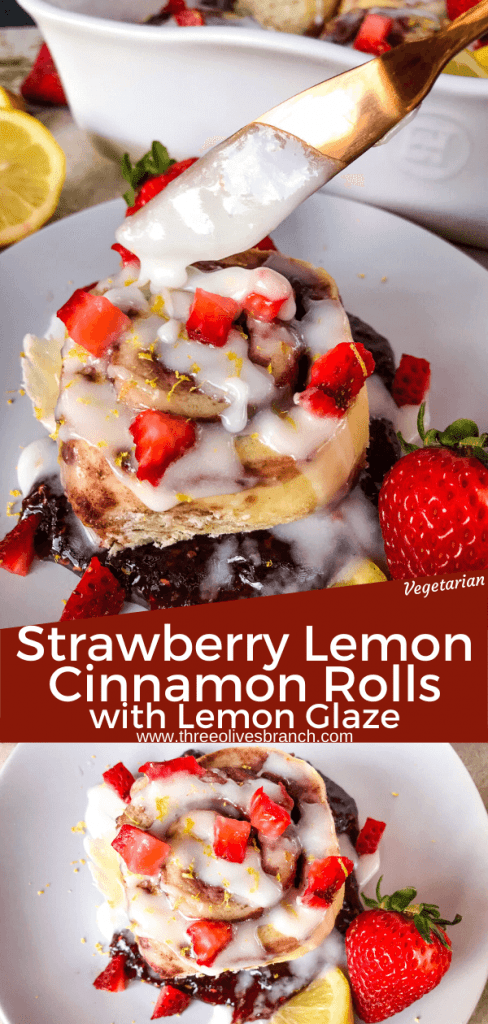 Homemade Strawberry Lemon Cinnamon Rolls with lemon icing glaze. Fresh strawberries and strawberry jam with cinnamon in a homemade dough. Bright spring and summer flavors for home breakfast and brunch baking recipes. #cinnamonrolls #strawberrylemon #bakingrecipes