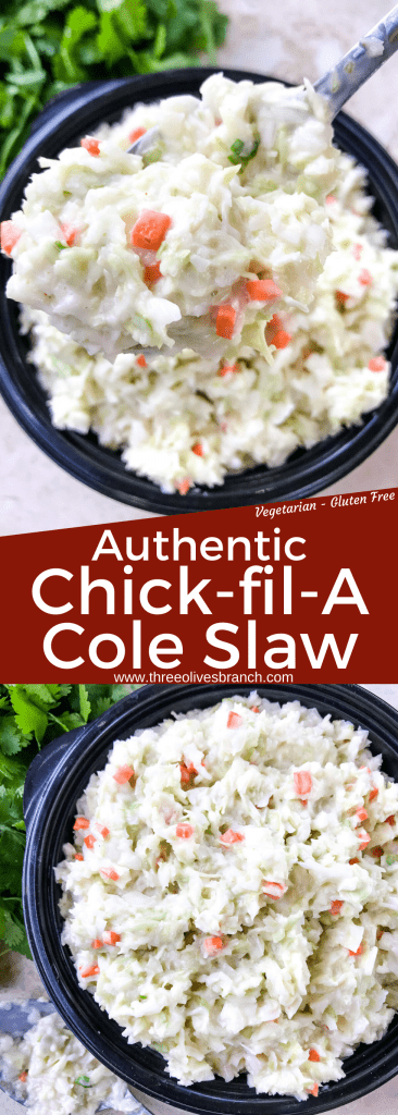 Authentic Copycat Chick-fil-A Cole Slaw recipe from the restaurant. The real recipe! An easy coleslaw for any summer BBQ grilling or southern food meal. Cabbage and carrot in a mayonnaise dressing recipe. Gluten free, vegetarian. #copycatrecipes #coleslaw #bbqsidedishes