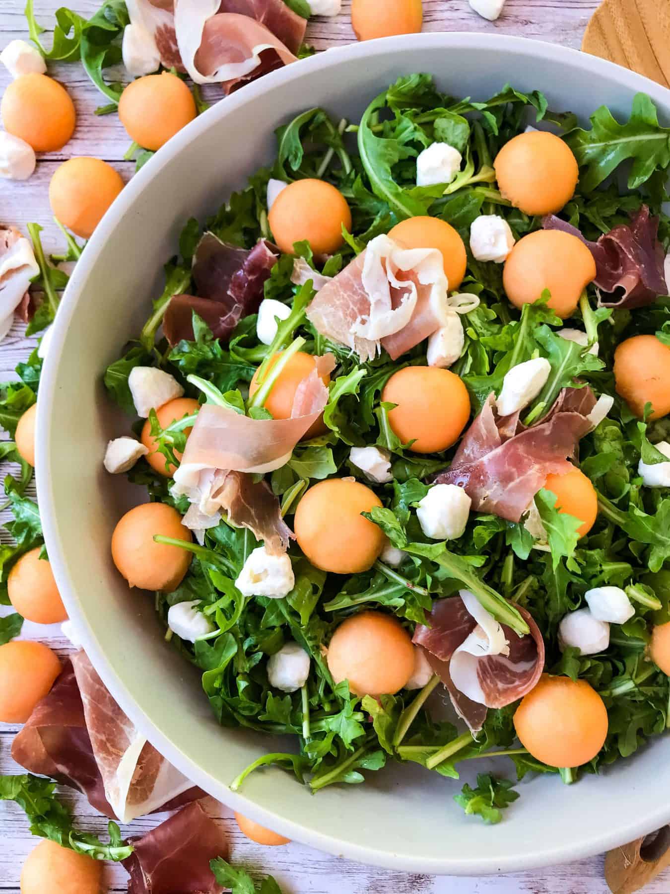 Prosciutto Melon Salad with Mozzarella and Arugula Three Olives Branch