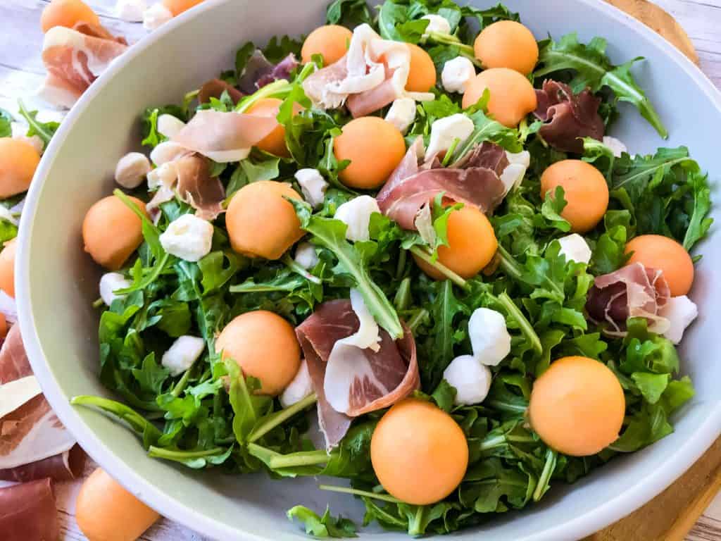 Prosciutto Melon Salad with Mozzarella and Arugula