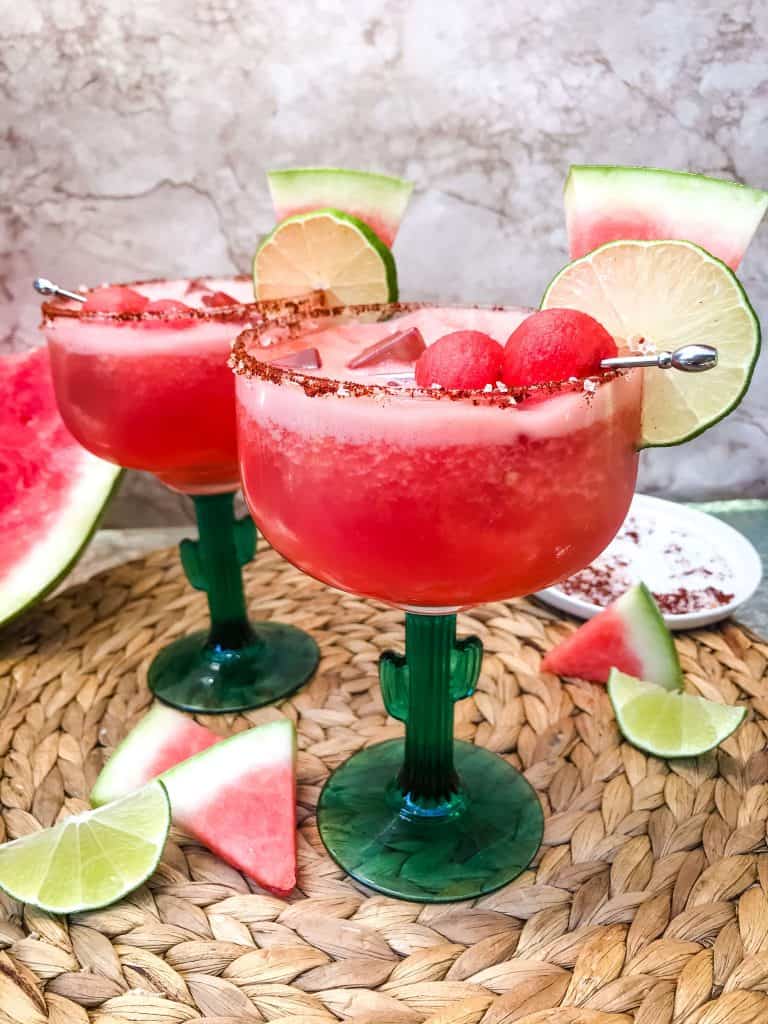 Two Chile Lime Spicy Watermelon Margaritas in margarita glasses