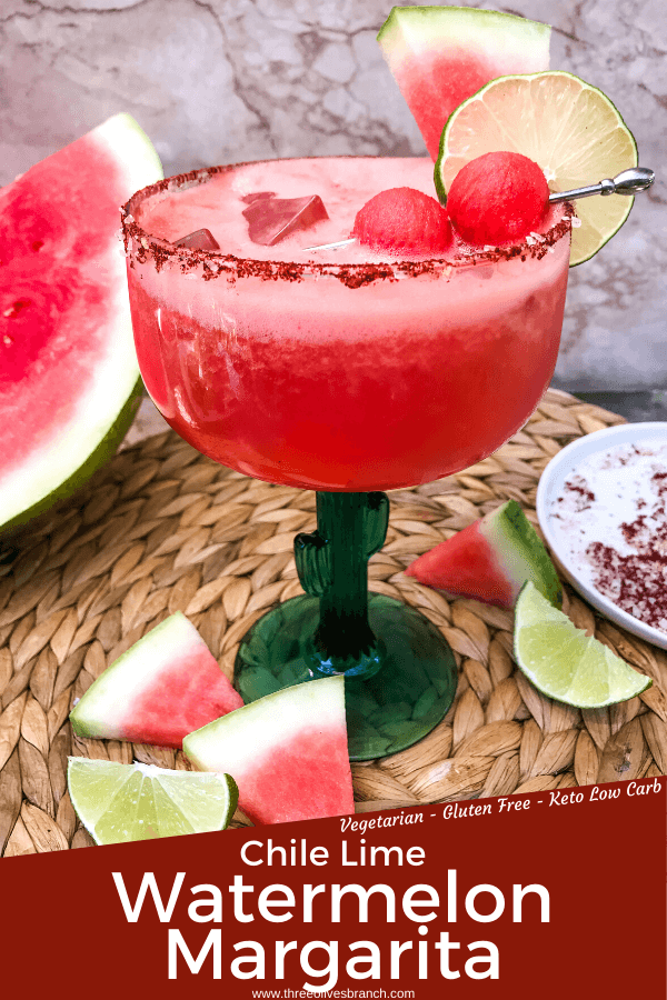 Pin for Chile Lime Spicy Watermelon Margarita with pin title at bottom