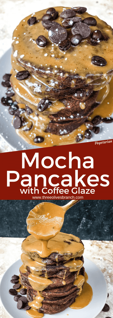 Mocha Pancakes with Coffee Glaze is an easy homemade pancakes recipe filled with cocoa powder, coffee, and chocolate. A fun dessert breakfast or brunch. #homemadepancakes #chocolatepancakes #sweetpancakes