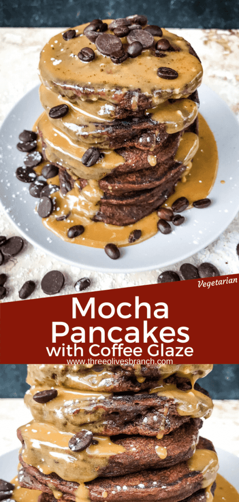 Mocha Pancakes with Coffee Glaze is an easy homemade pancakes recipe filled with cocoa powder, coffee, and chocolate. A fun dessert breakfast or brunch. #homemadepancakes #chocolatepancakes #sweetpancakes