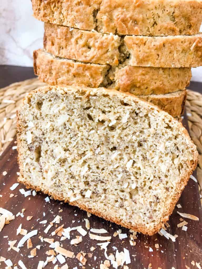 A stack of Coconut Banana Bread slices