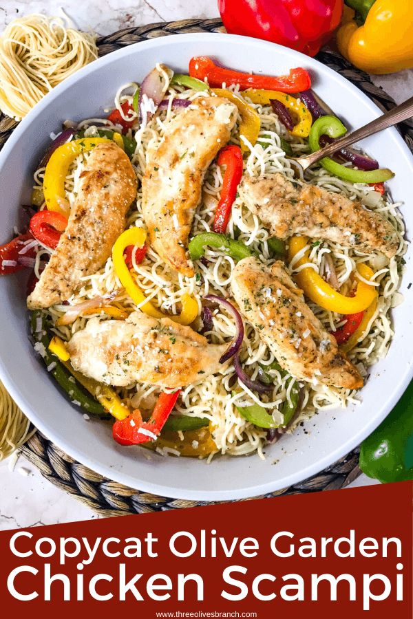 Pin image of a bowl of Copycat Olive Garden Chicken Scampi with a copper spoon with title at bottom