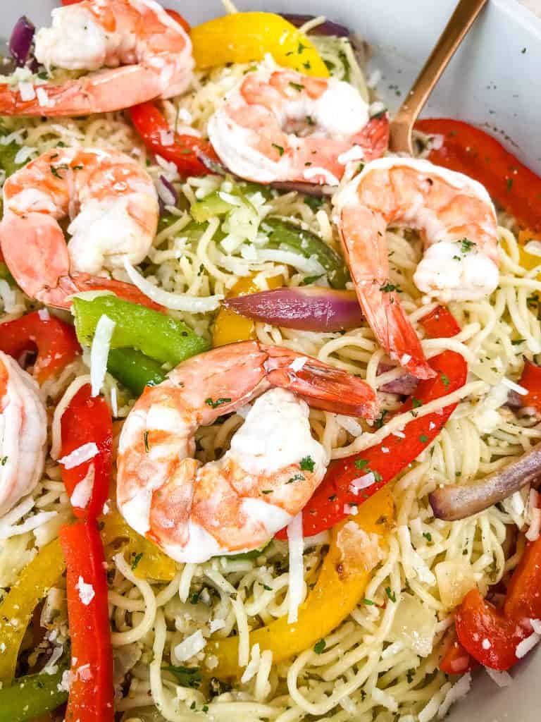 A close up of Copycat Olive Garden Shrimp Scampi in a bowl