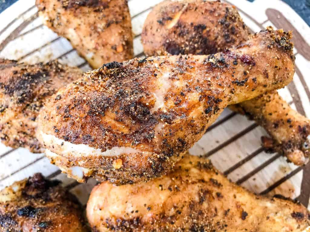 A close up of a grilled Three Pepper Dry Rub for Chicken Drumstick