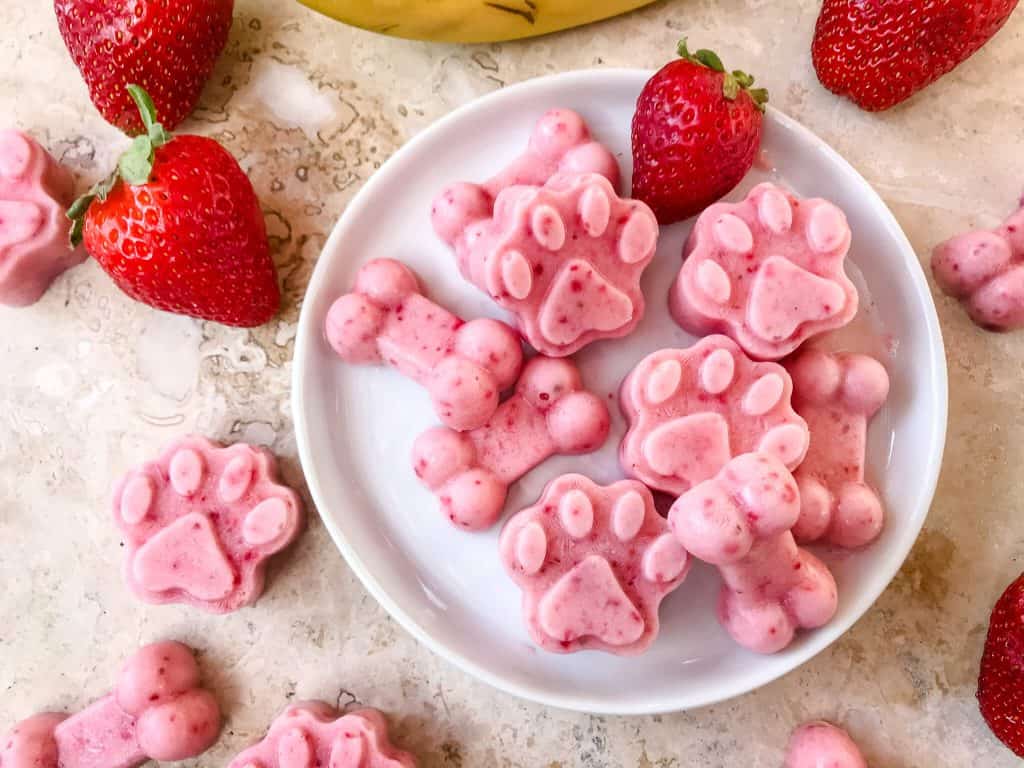 Frozen Strawberry Banana Dog Treats scattered on a plate and table