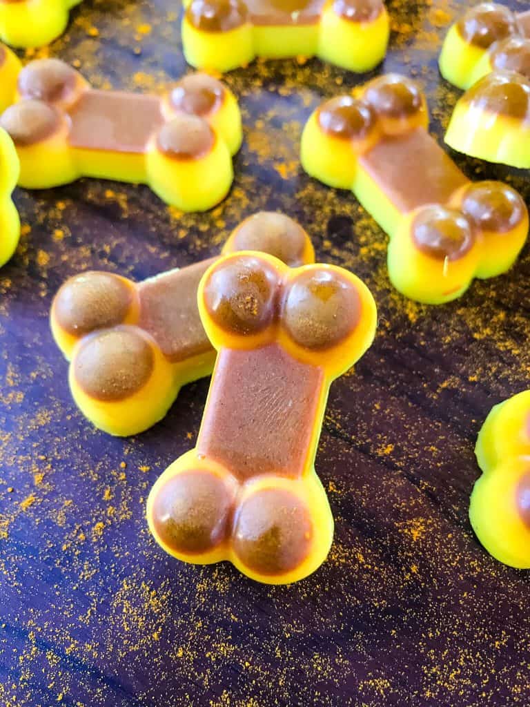 Close up of dog bone shaped Frozen Turmeric Coconut Dog Treats