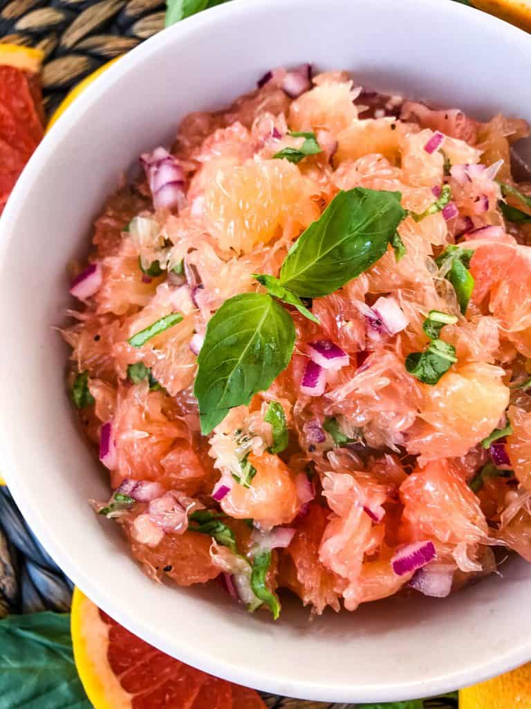 A close up of Grapefruit Basil Relish in a bowl