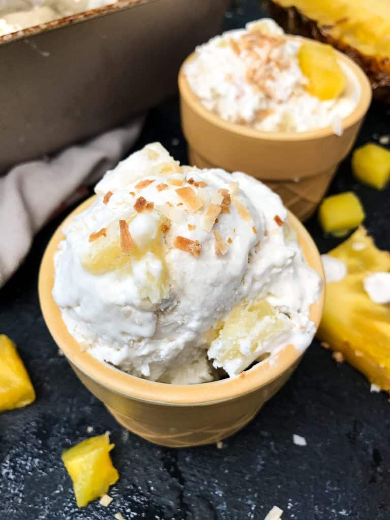 A small bowl of No Churn Pina Colada Ice Cream