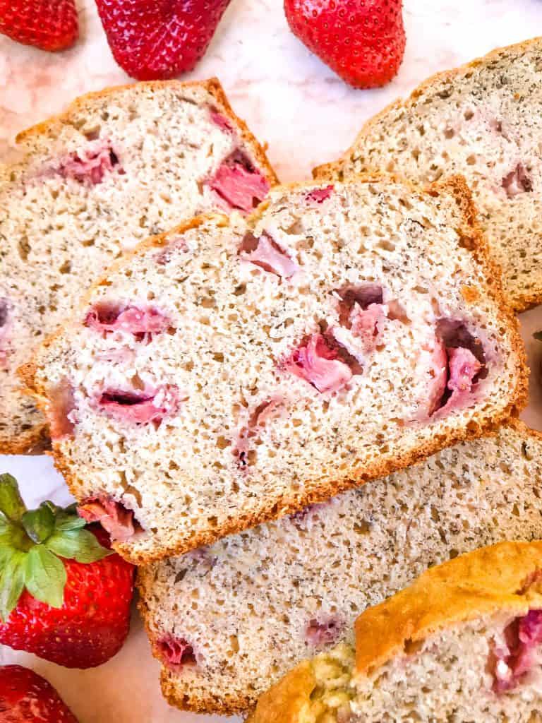 A close up of strawberry bread slices