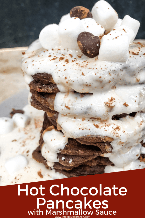 Pin image of Hot Chocolate Pancakes stack with title at bottom