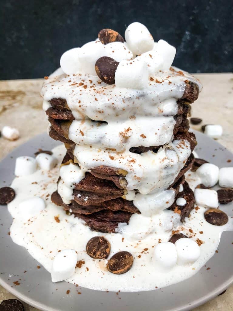 A stack of Hot Chocolate Pancakes on a plate
