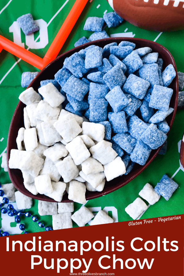 Pin image of Indianapolis Colts Puppy Chow muddy buddies in blue and white separated in football bowl with green football field background