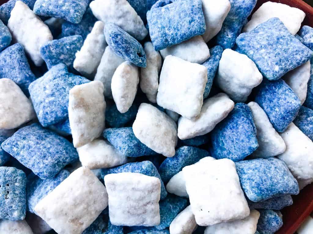 Close up of blue and white Indianapolis Colts Puppy Chow mixed together