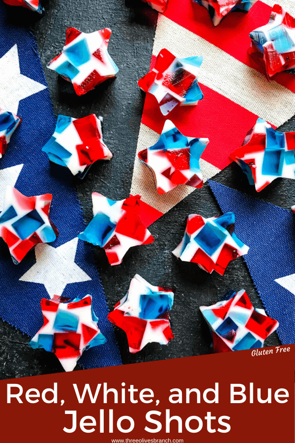 Patriotic Red White and Blue Jello Shots Stars on American flag banner pieces with pin title at bottom