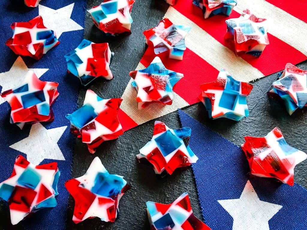 Mosaic red, white, and blue jello stars on American flag banner