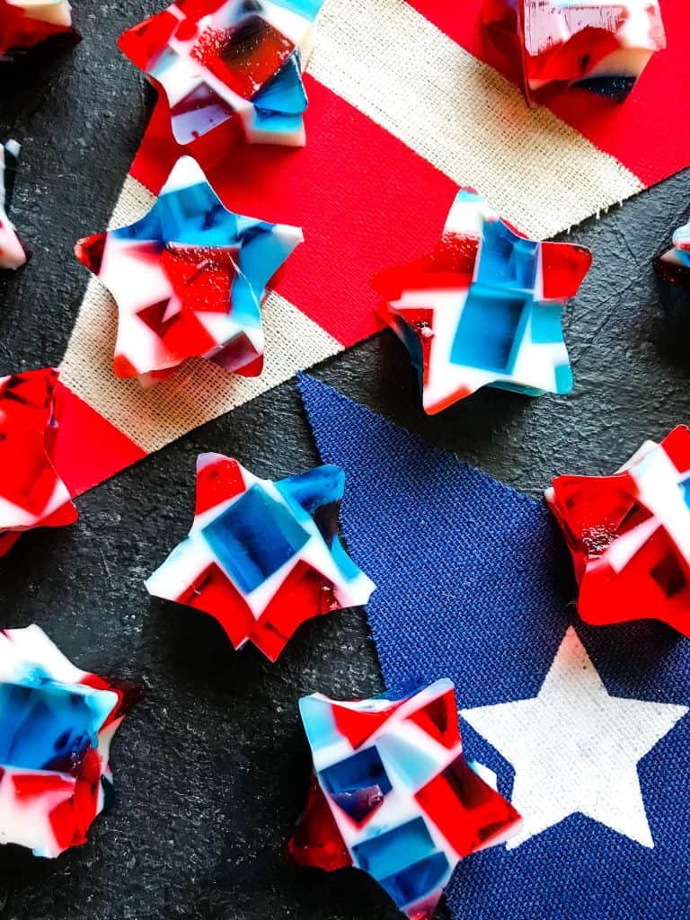 Close up of patriotic Red White and Blue Jello Shots Stars
