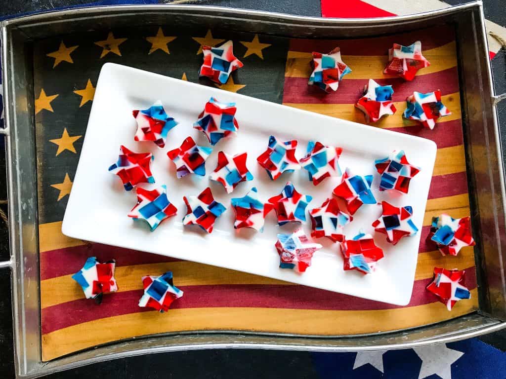 4th of July jello shot stars on American flag tray
