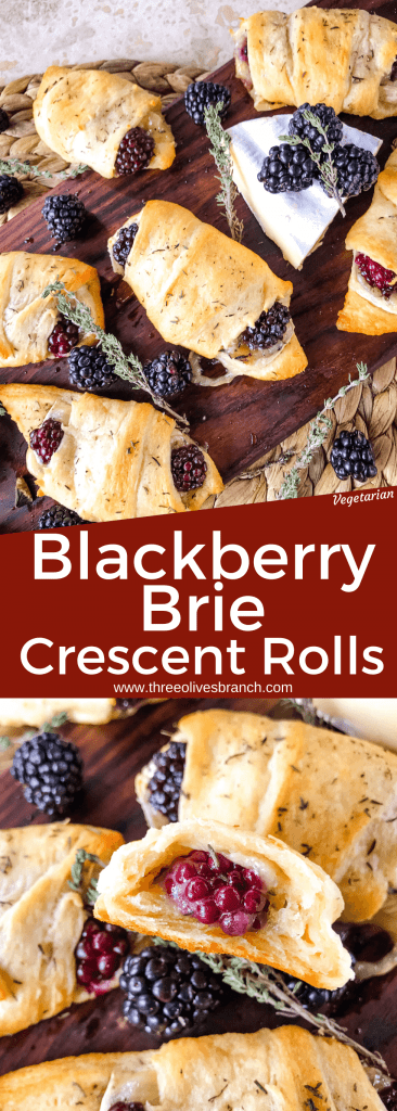 Blackberry Brie Crescent Rolls are a cheese crescent roll recipe filled with dried thyme, blackberries, and brie cheese. Add jam! Fast and easy sweet bread recipe. #crescentrolls #cheesycrescentrolls #blackberries