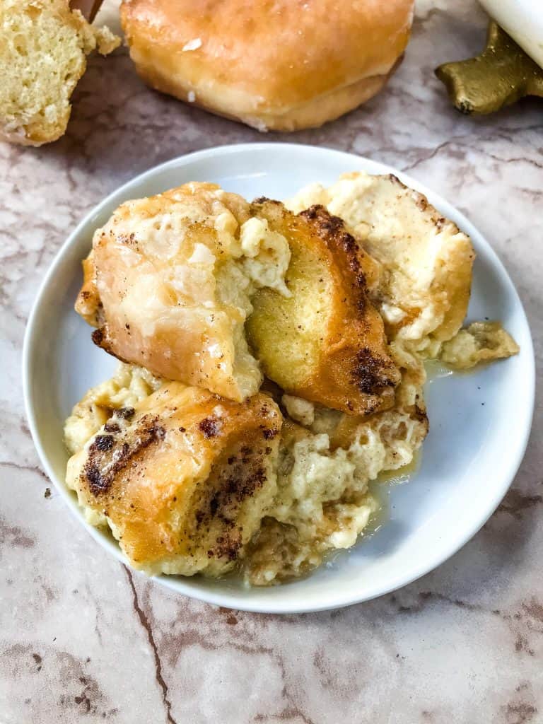 Small plate with some Doughnut Bread Pudding on it