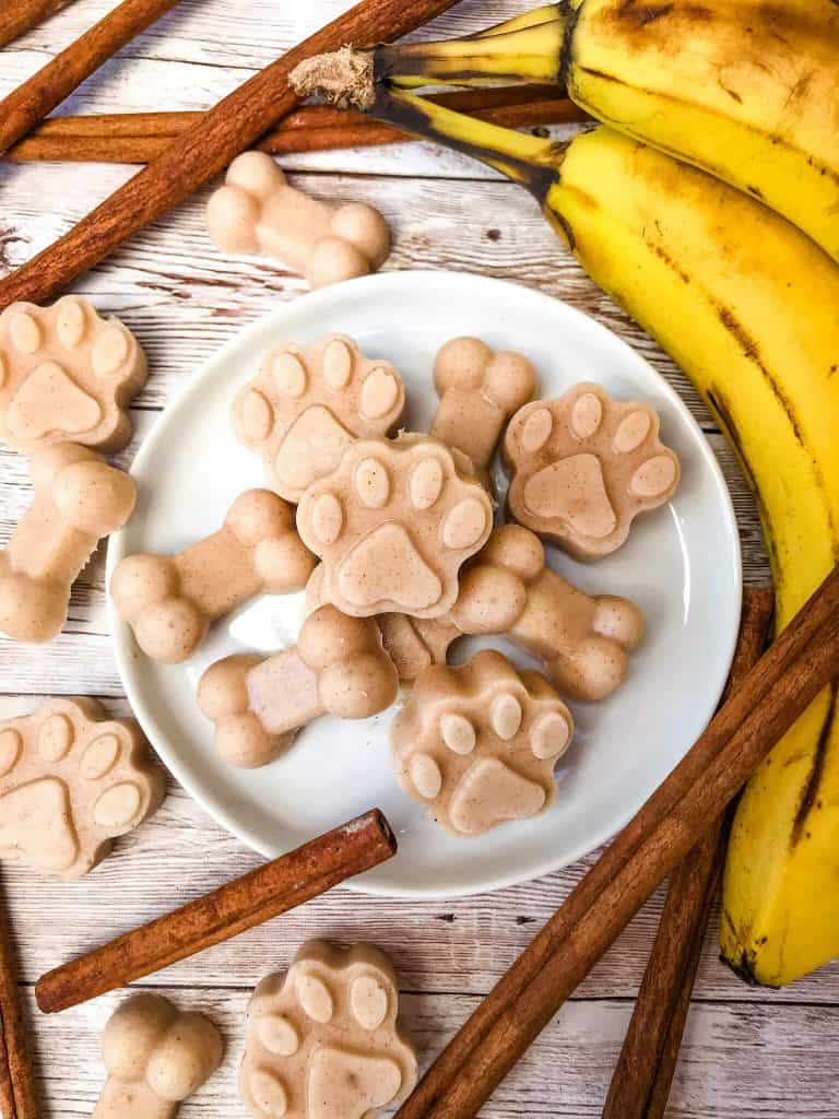 Plate of Frozen Cinnamon Banana Dog Treats on wood surface surrounded by cinnamon sticks and bananas