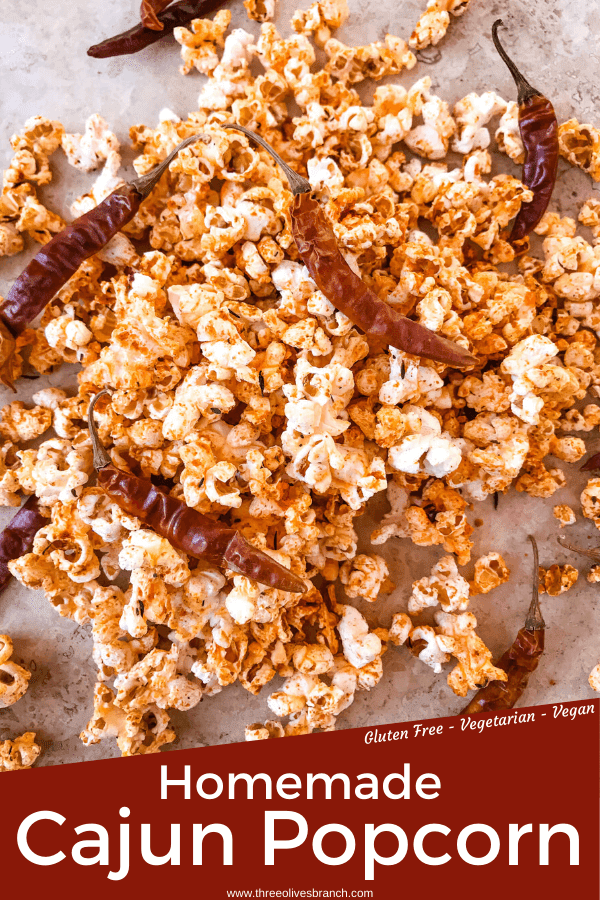 Pin image of Homemade Cajun Popcorn with title at bottom