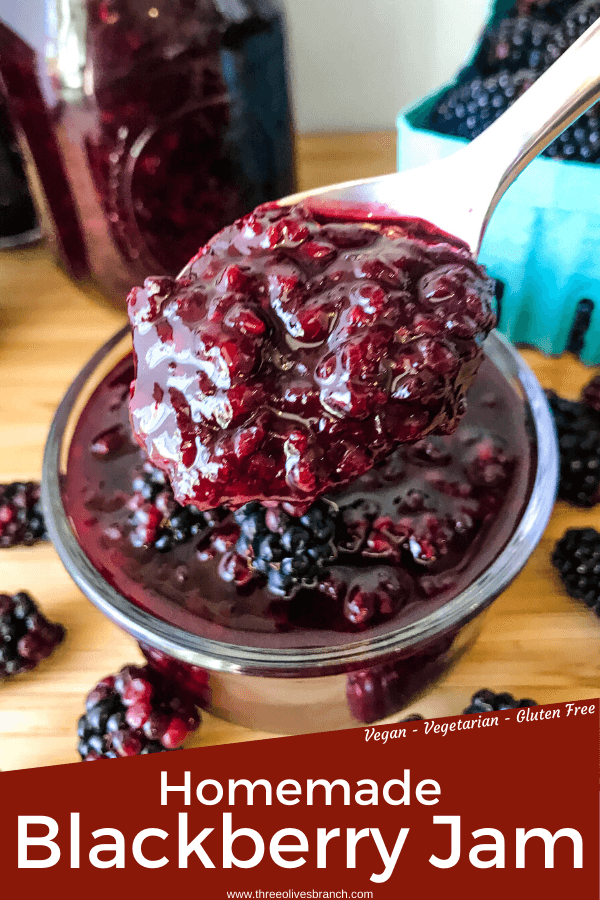 Pin image of spoon of Homemade Blackberry Jam Recipe (Marionberry Jam) with title at bottom