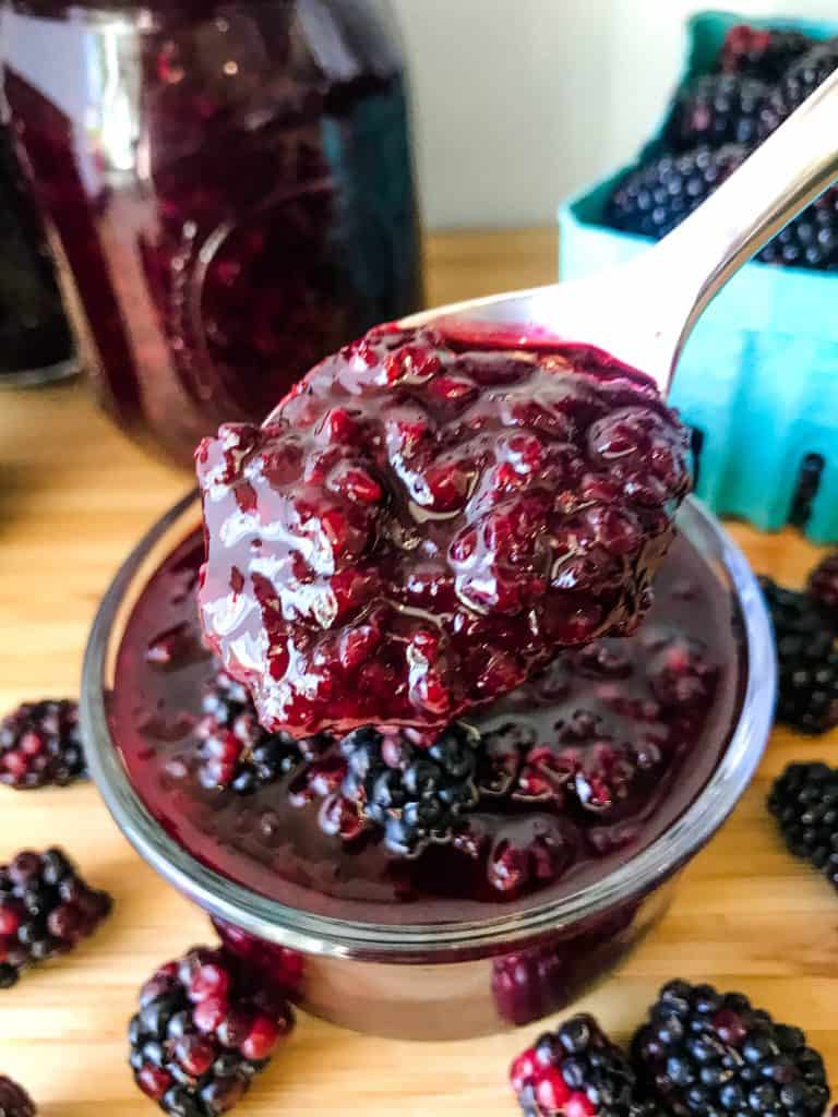 A spoon of blackberry jam