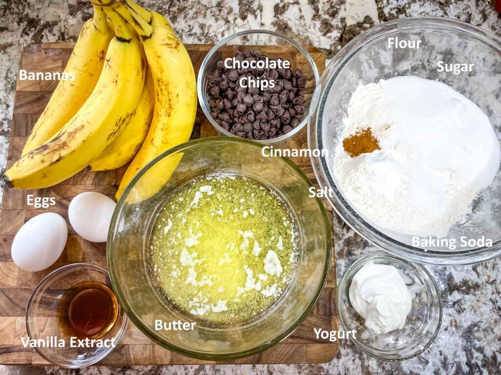 Ingredients for Chocolate Chip Banana Bread in bowls