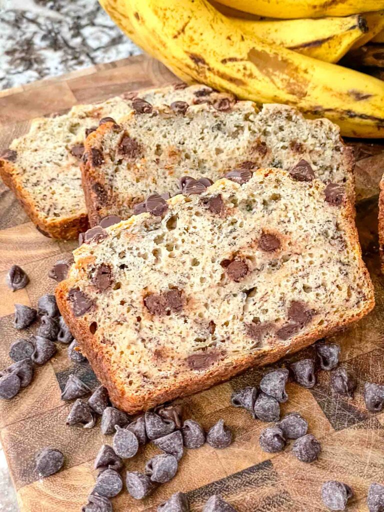 Three slices of Chocolate Chip Banana Bread stacked up