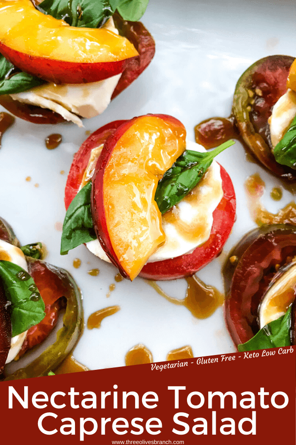 Nectarine Tomato Caprese Salad (Peach Caprese Salad) pin with title at the bottom