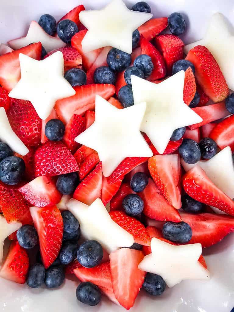 A close up of red, white, and blue fruit