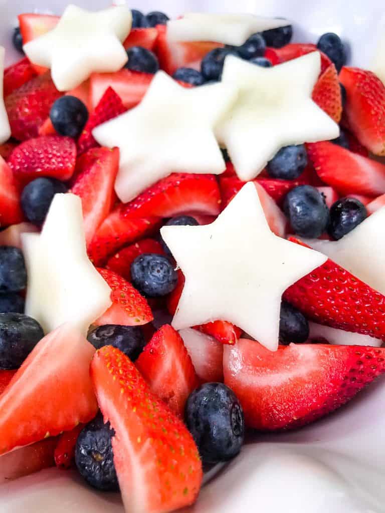 Close up of Patriotic Red, White, and Blue Fruit Salad