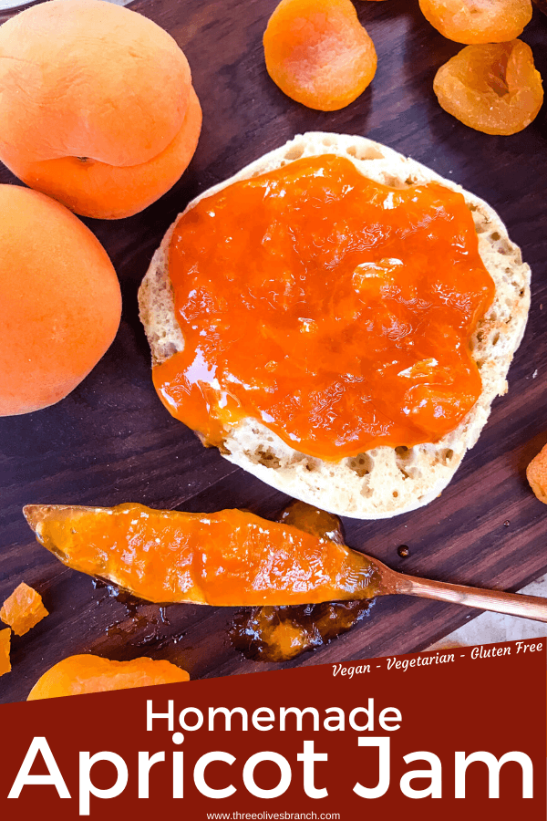 Pin image for Apricot Jam Recipe on an English muffin with title at bottom