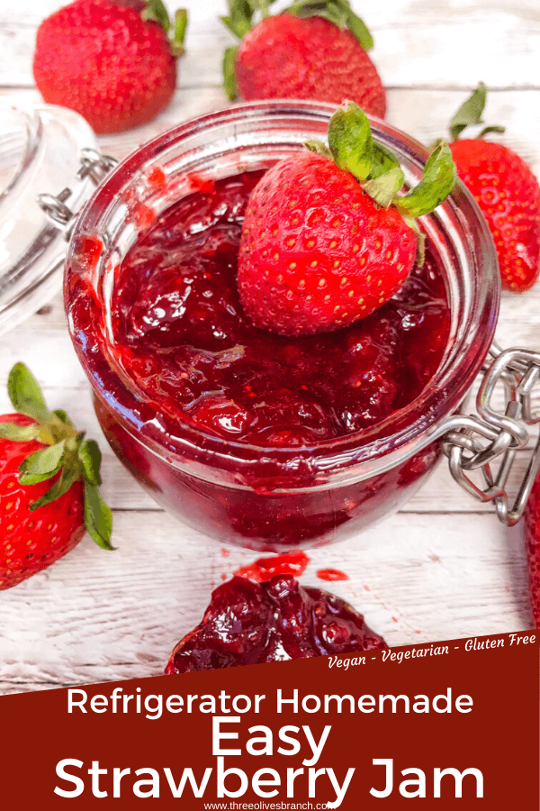 Pin image for How to Make Homemade Strawberry Jam in a small glass jar with a strawberry on top and post name at the bottom