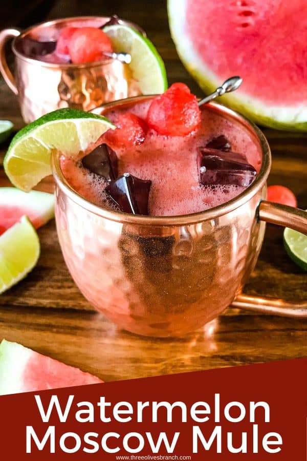 Pin image of Watermelon Moscow Mule in copper mug with title at bottom