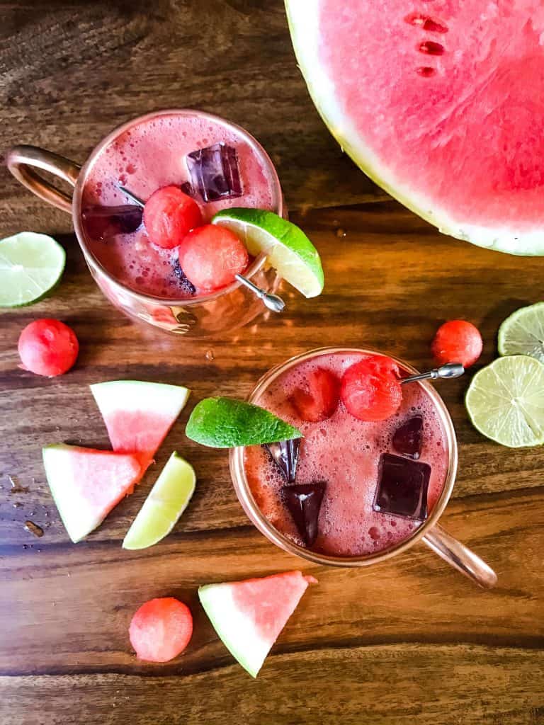 Top view of two Watermelon Moscow Mule mugs