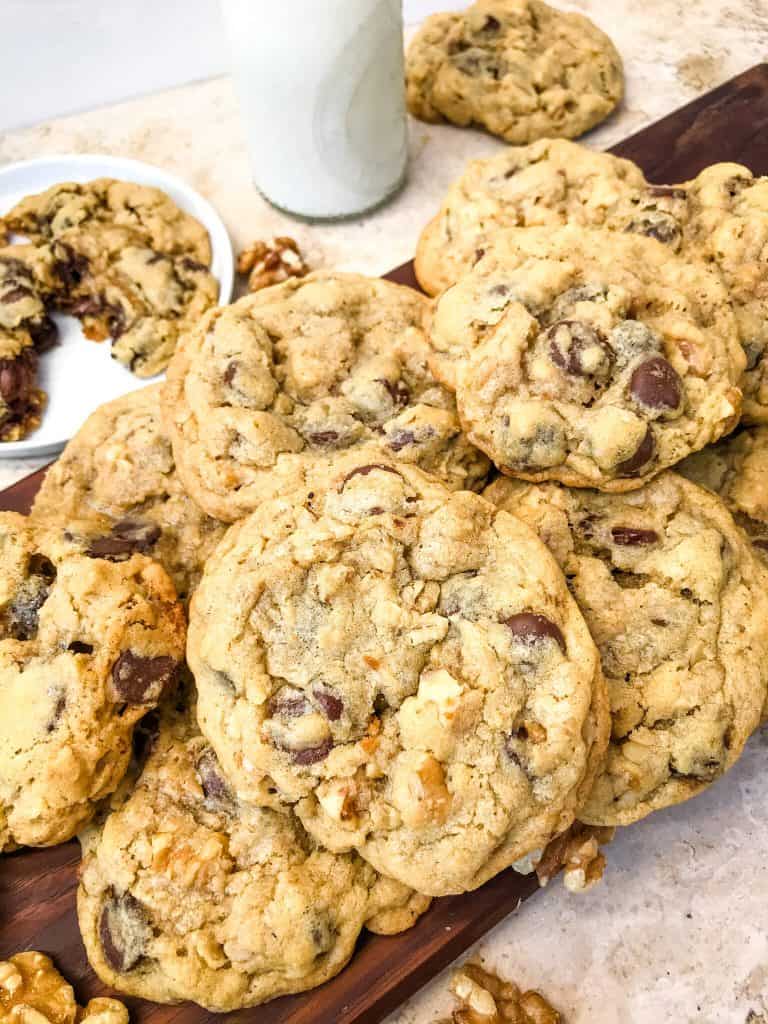 A pile of chocolate chip walnut cookies