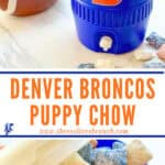 Colorful rocks in blue bucket with Denver Broncos branding, ideal for pet fun and enrichment.
