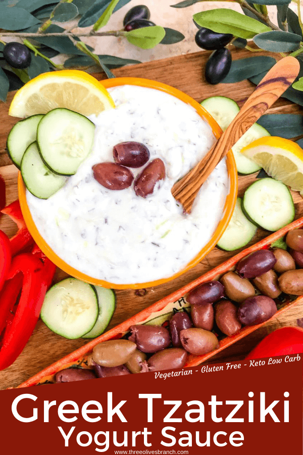 Pin image for Greek Tzatziki Yogurt Sauce with title at bottom