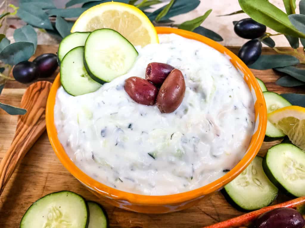 A bowl full of Greek Tzatziki Yogurt Sauce