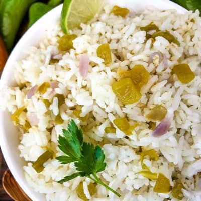 White bowl filled with Hatch Green Chile Rice