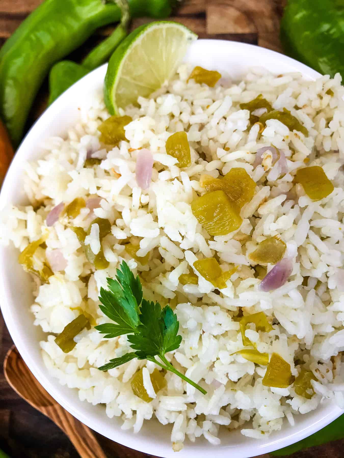 White bowl filled with Hatch Green Chile Rice