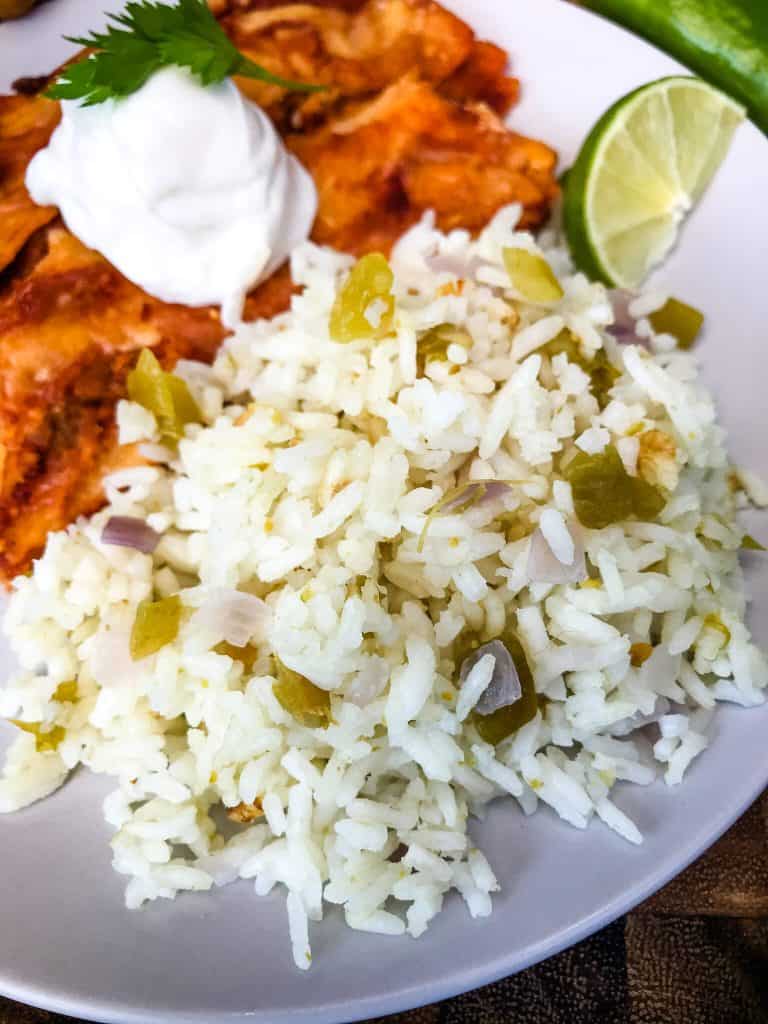 A close up of Hatch chile rice on a plate