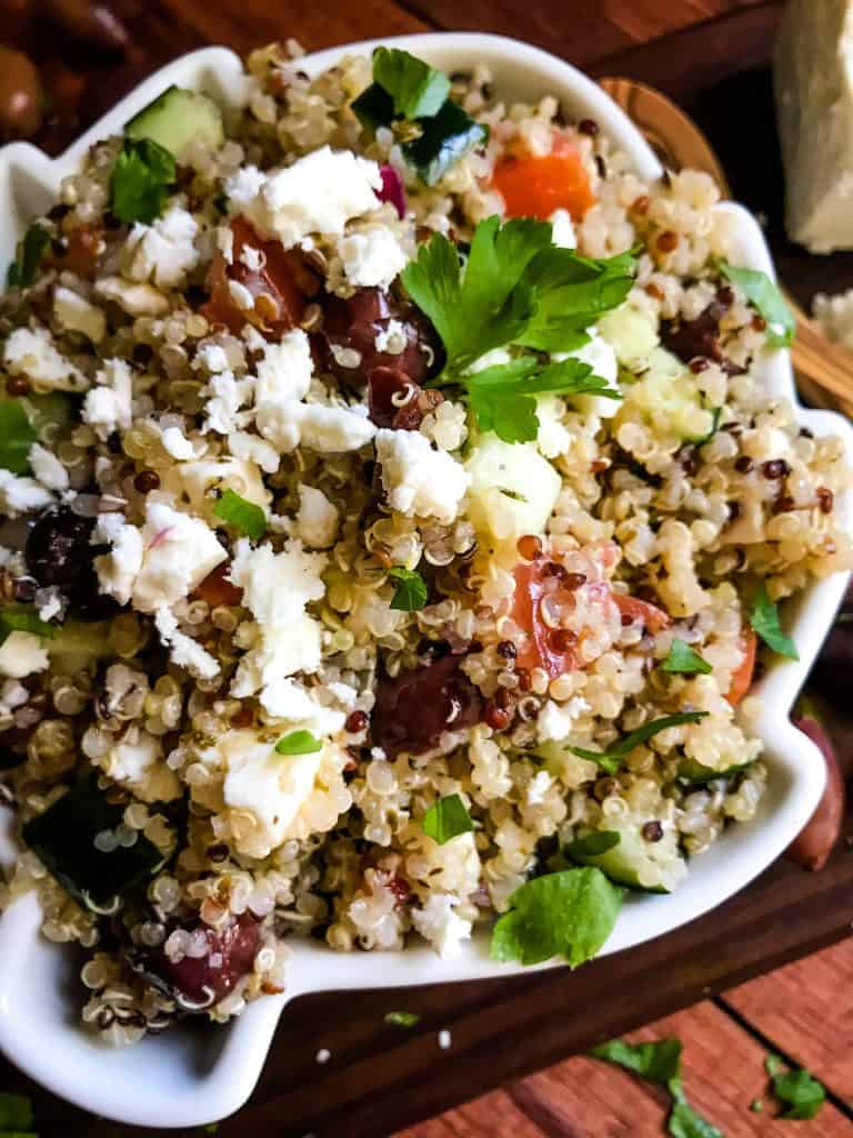 Greek Quinoa Salad in a white bowl