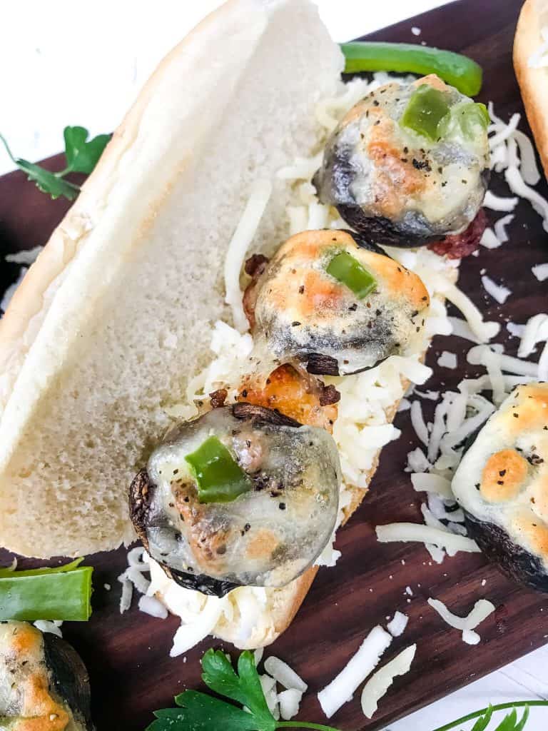 Stuffed mushrooms on a long bun